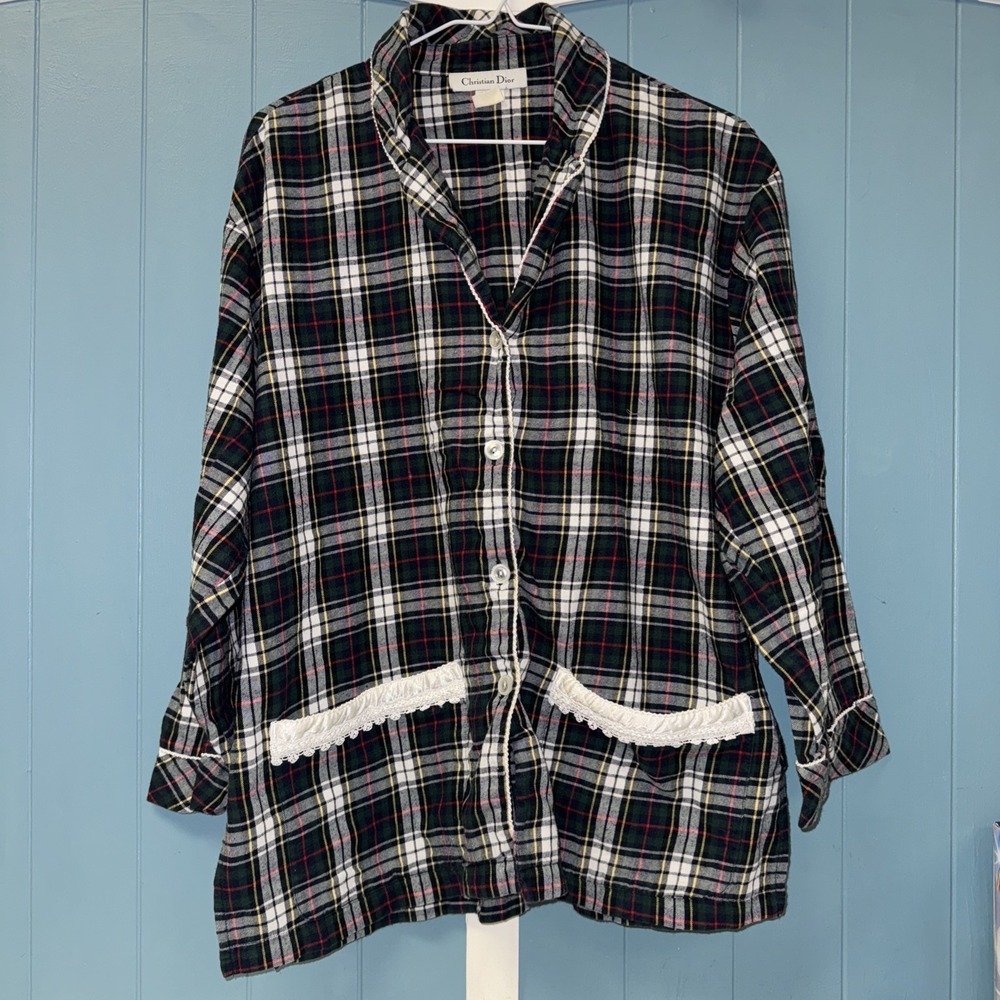 Christian Dior Plaid pajama TOP Women's Size Large Long Sleeve Button Up V Neck